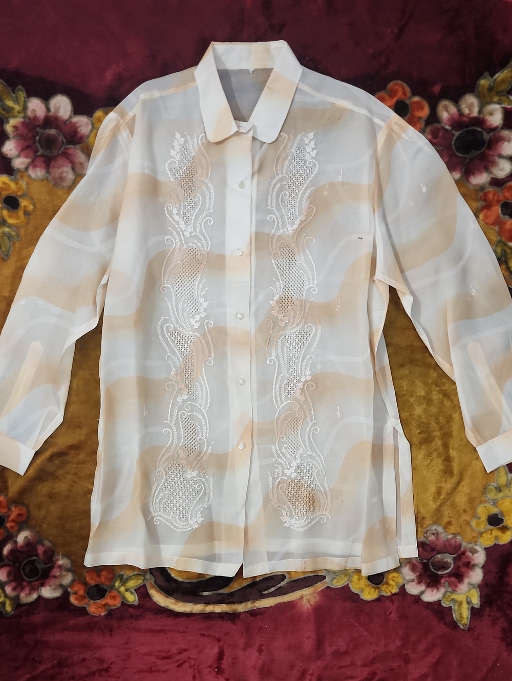 Vintage Embroidered Organza Sheer Button-Up Top Blouse -tagalong